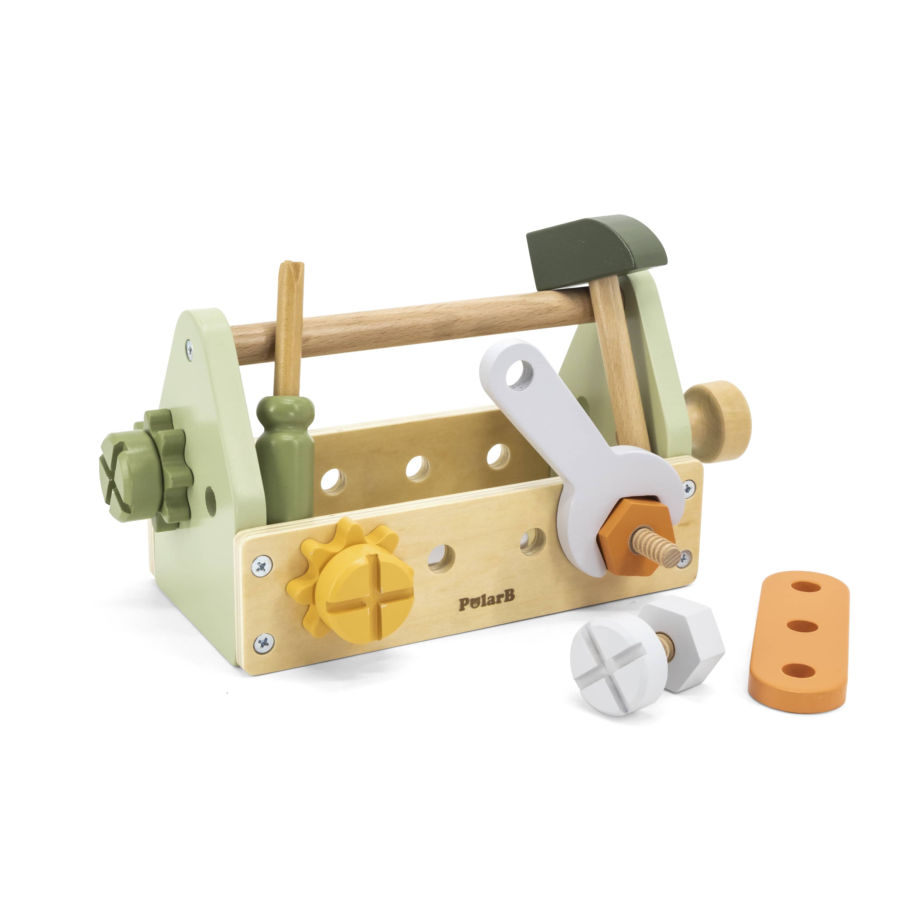 Wooden tool kit with green mallet, white wrench, orange screws, and PolarB label