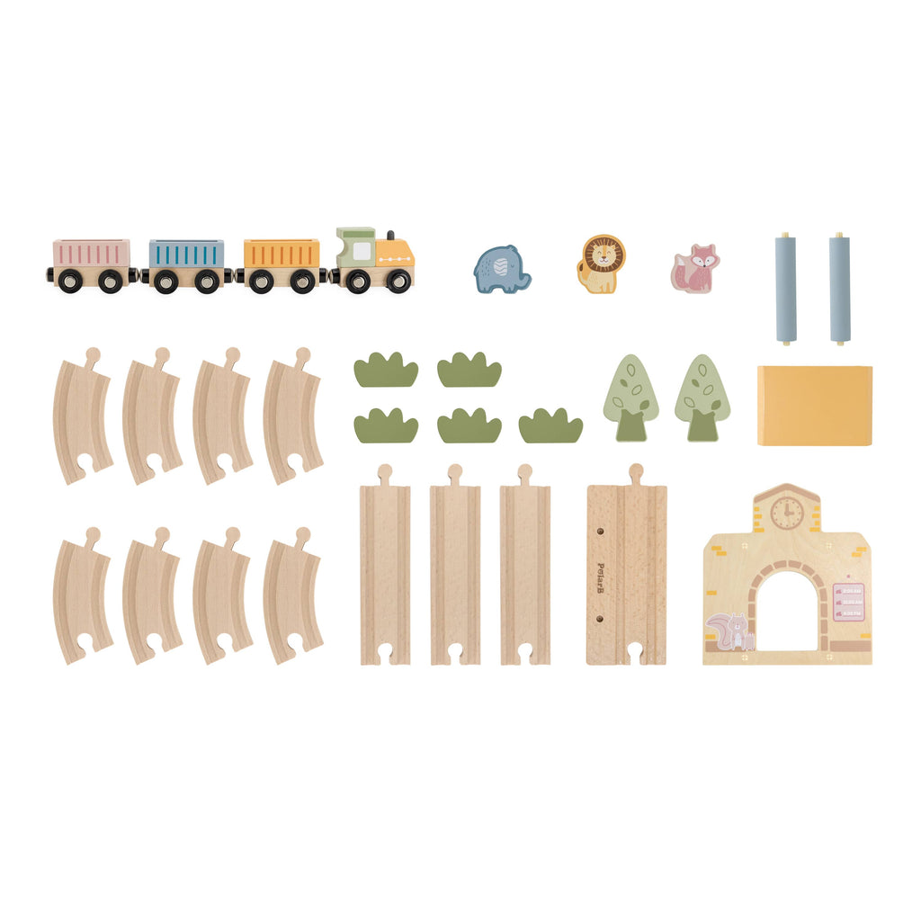 Wooden train track set pieces: rails, station parts, train cars, and animal figures