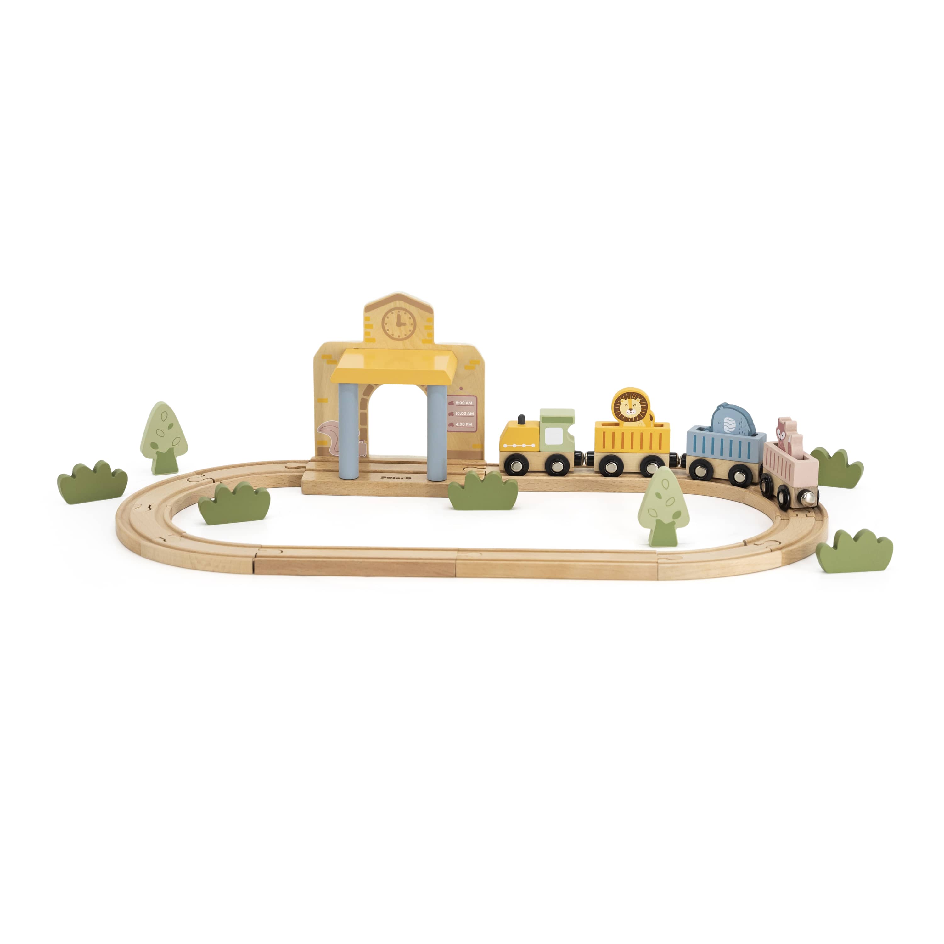Wooden train track set with station, train cars, and leafy tree accessories