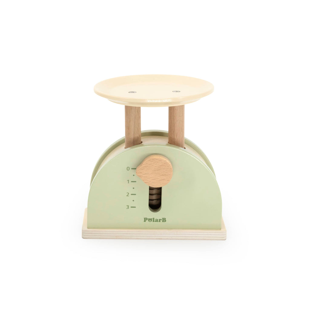 Kids wooden toy weighing scale with mint base, round dial, and PolarB label