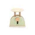 Kids wooden toy weighing scale with mint base, round dial, and PolarB label