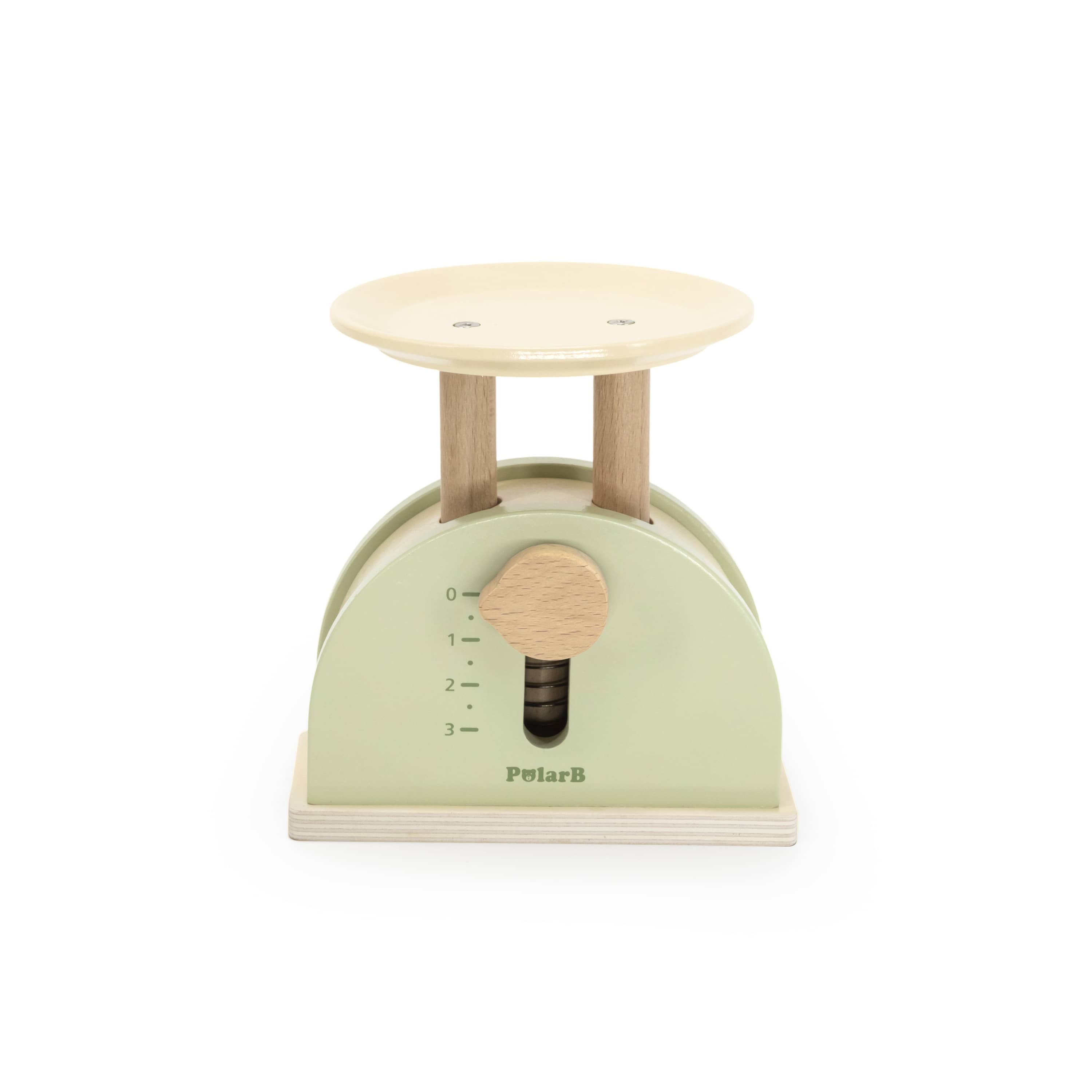 Kids wooden toy weighing scale with mint base, round dial, and PolarB label