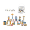 Wooden block set with colorful building blocks and house pieces, in a storage bucket