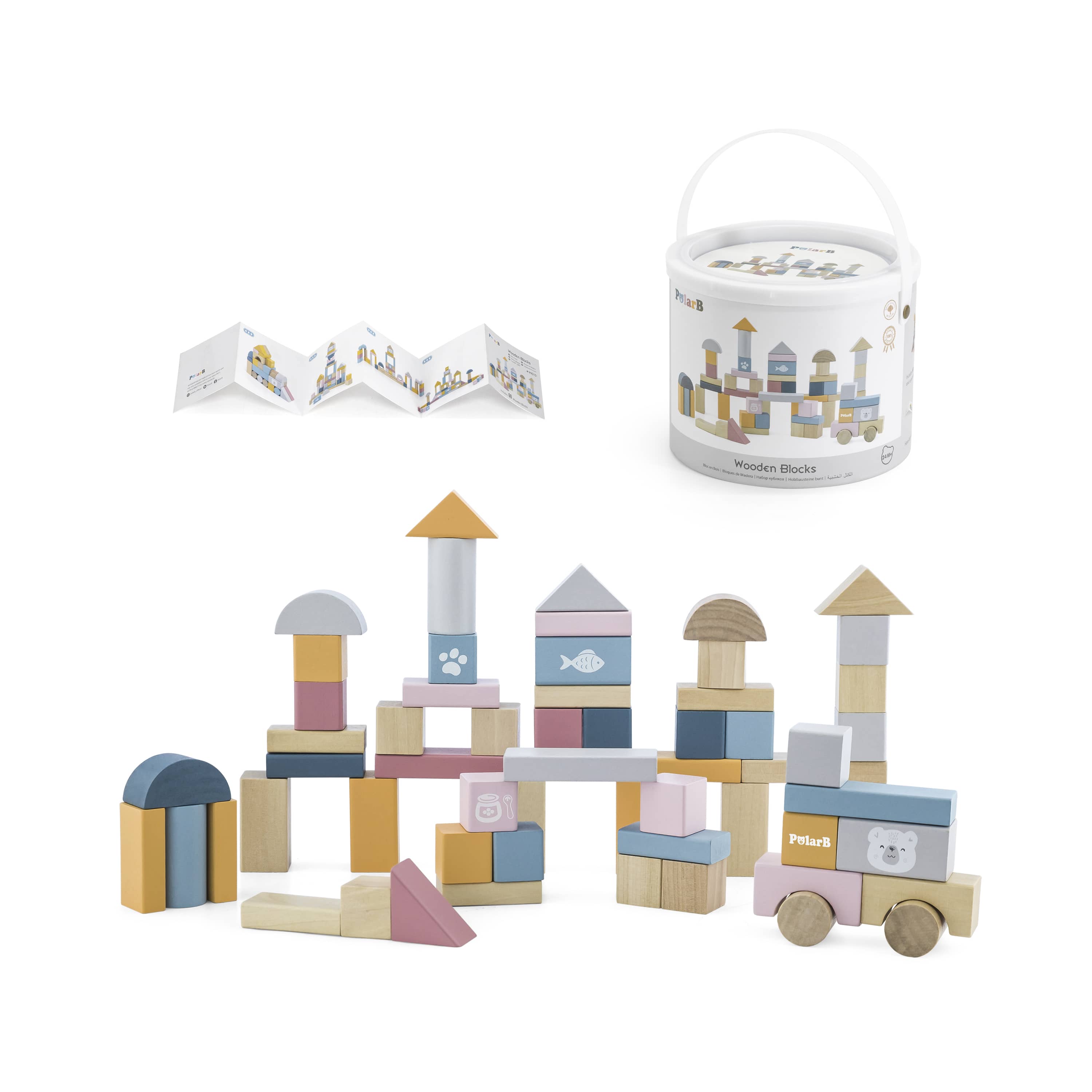 Wooden block set with colorful building blocks and house pieces, in a storage bucket