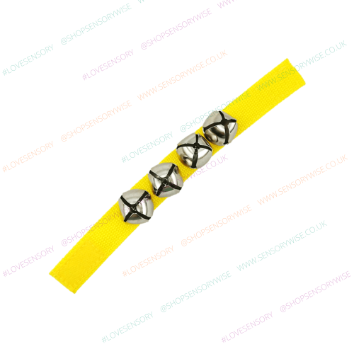 Yellow fabric wrist and ankle band with linked metal bell rings