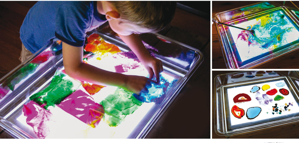 Clear light-up art tray in two views: multicolor painting and craft shapes