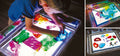 Clear tray on a glowing light panel with colorful shapes; inset shows small color pieces