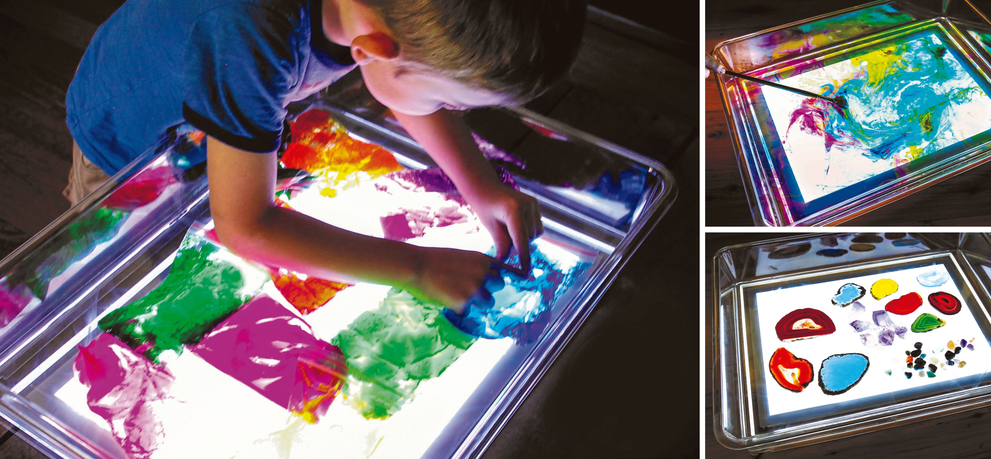 Clear tray on a glowing light panel with colorful shapes; inset shows small color pieces