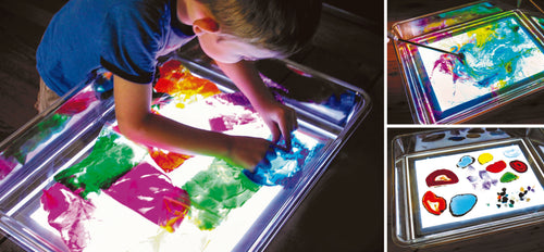 Clear tray on a glowing light panel with colorful shapes; inset shows small color pieces
