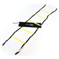 Agility speed ladder with flat black straps and yellow rungs, includes center storage pouch