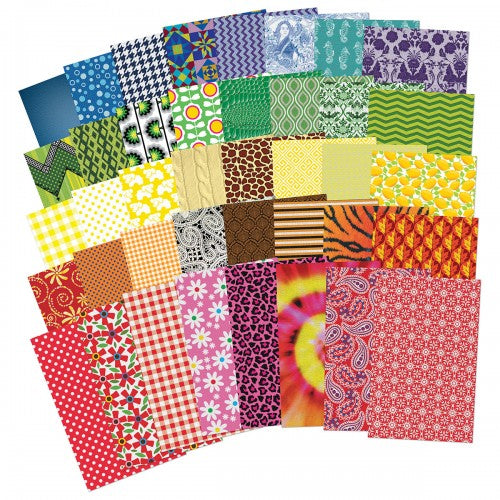 Assorted patterned fabric paper sheets, colorful designs, scrapbook-style stack
