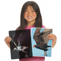 Animal x-ray style cards showing bird and animal skeleton scans held by a person