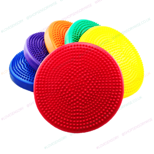 Balance wobble cushion set of 6 with textured round discs in red, yellow, green, orange, purple, blue