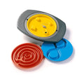 Balance board puzzle set with gray/yellow board, blue base, and red disc pieces