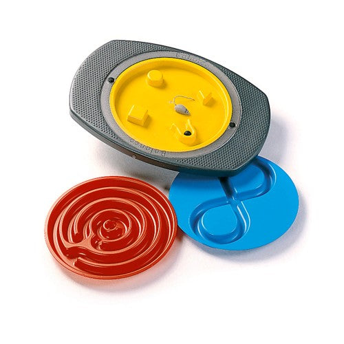 Balance board puzzle set with gray/yellow board, blue base, and red disc pieces