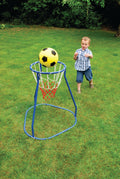 Blue basketball hoop stand with red net and yellow ball near the hoop