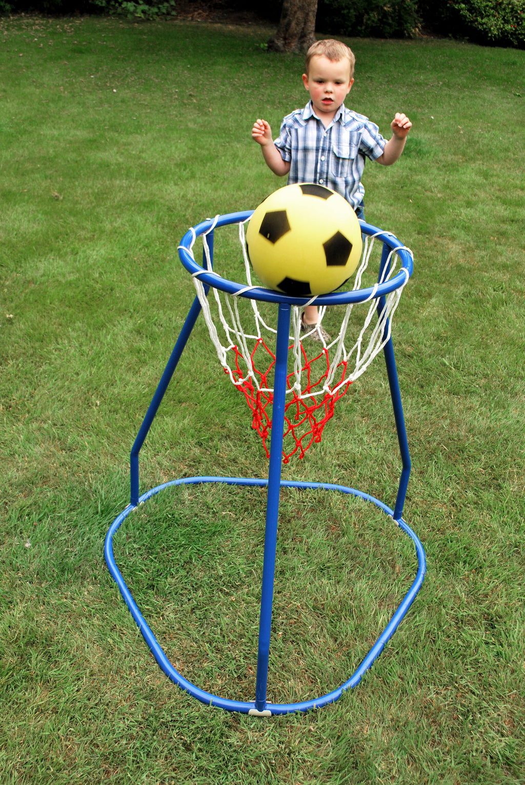 Blue basketball hoop stand with red net and large yellow ball above