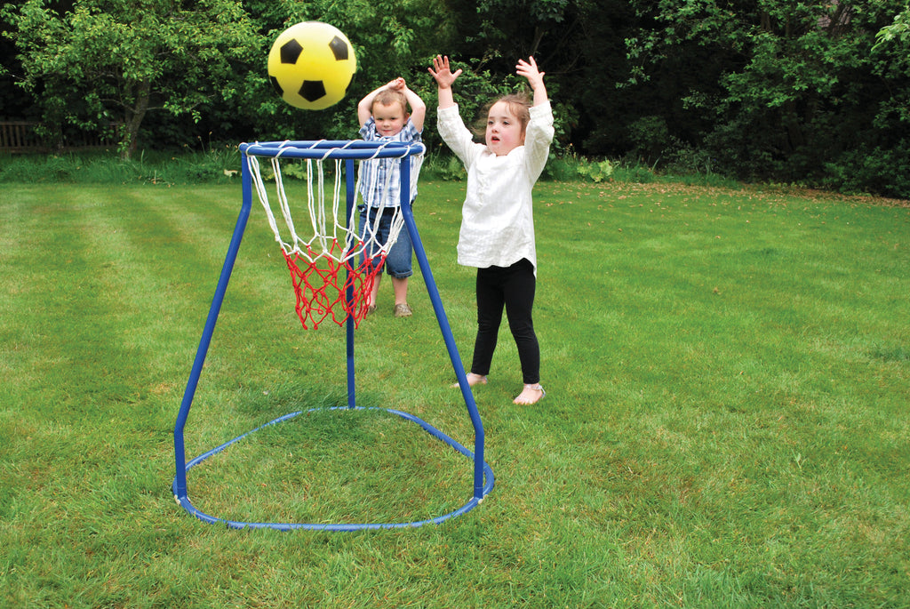 Blue basketball hoop stand with red net and a yellow ball near the rim