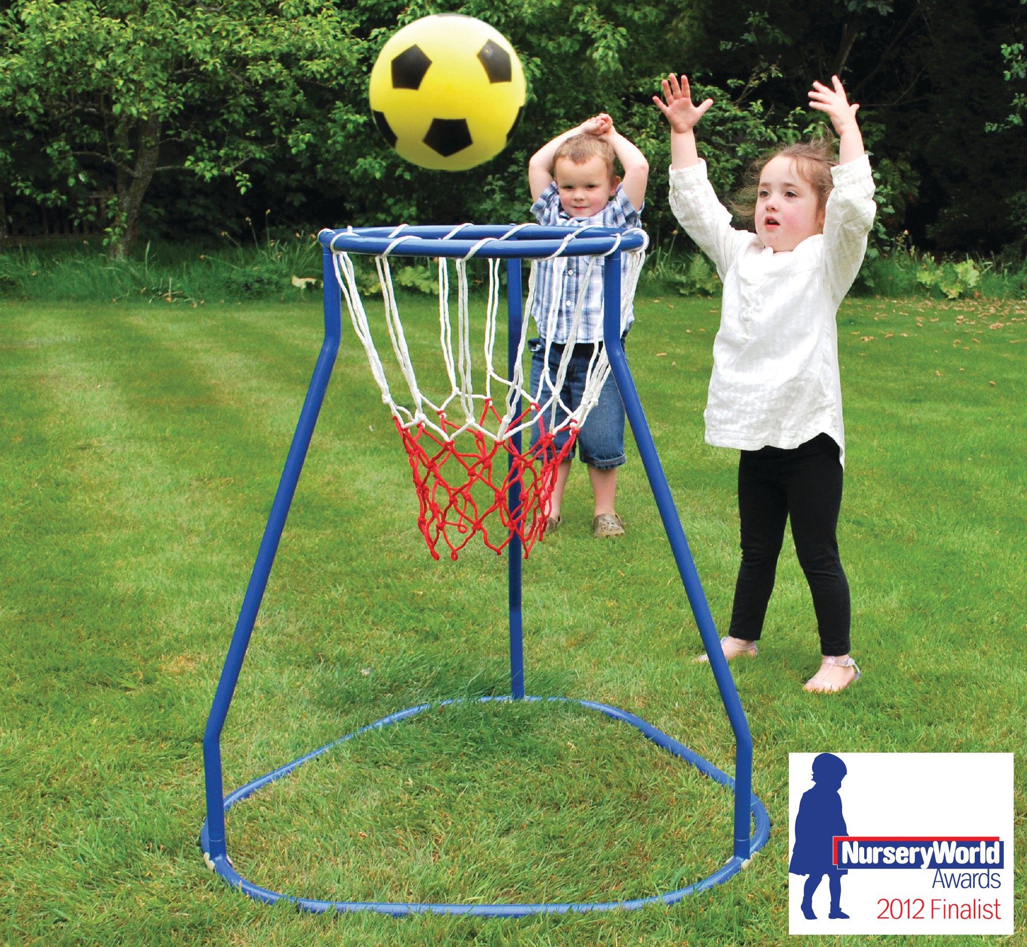 Blue basketball hoop stand with red net, children tossing a yellow ball; NurseryWorld badge