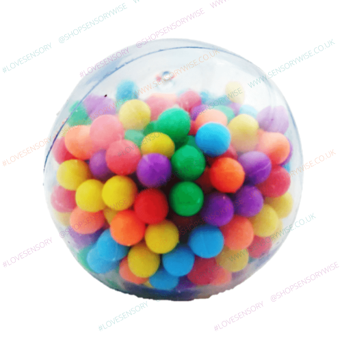 Colorful bead-filled squeezy stress ball in a clear sphere