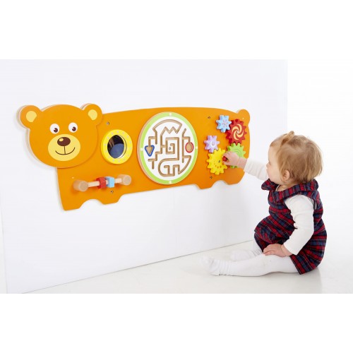 Bear activity wall panel with bead maze, gears, and spinning shapes