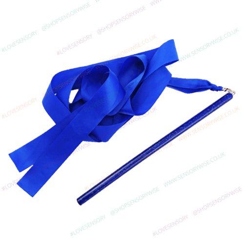 Blue glitter wand with attached ribbon streamers for dance and gymnastics practice
