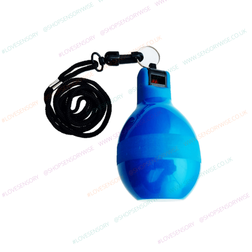 Squeeze whistle with black lanyard and blue squeezable bulb