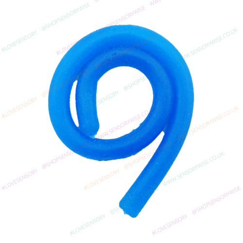 Blue stretchy noodle fidget, coiled loop with curved tail.