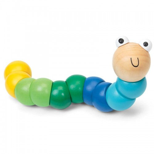 Jointed wooden worm fidget with green, blue and yellow segments, smiling wooden frog head
