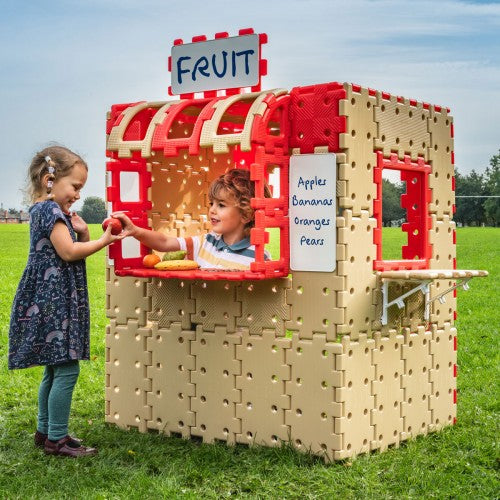 Build A Shop kids play shop playhouse with interlocking panels, fruit sign and windows