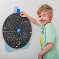 Chalkboard wall spinner with circular target face drawings and blue rotating pointer