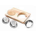 Wooden multi-function food prep board with hand grater discs and ingredient holder