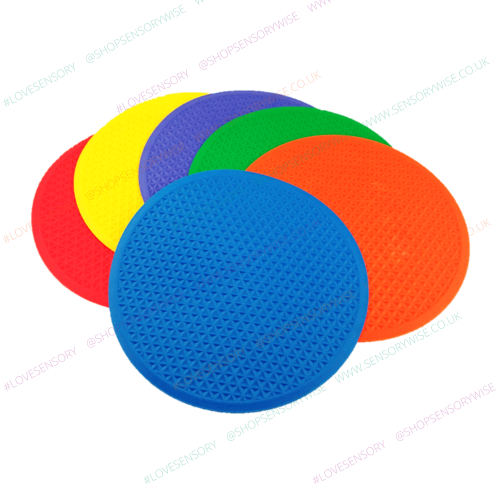 Textured space marker discs in orange, yellow, blue, purple, and green circles
