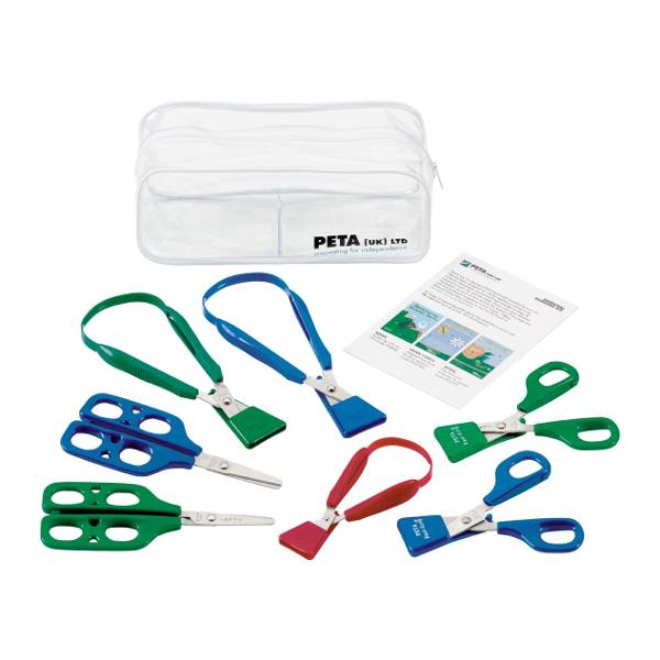 School scissor kit with colorful handles, two pocket bags, and instruction sheet