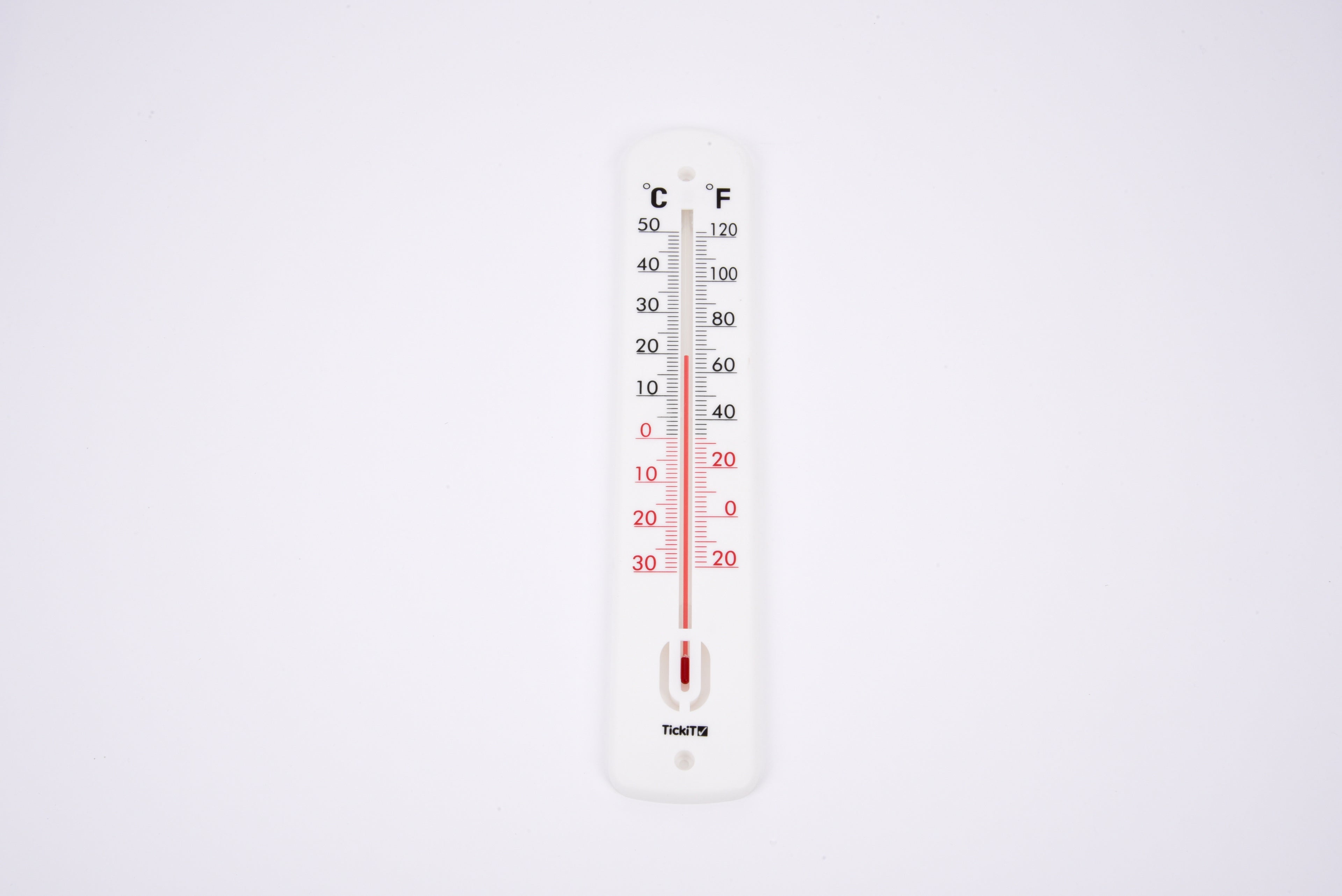 Classroom thermometer with Celsius and Fahrenheit scales, red liquid column