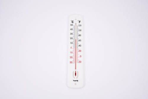 Classroom thermometer with Celsius and Fahrenheit scales, red liquid column