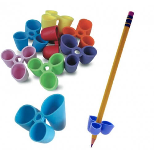 Claw-style flexible pencil grips, assorted colors with purple on a pencil