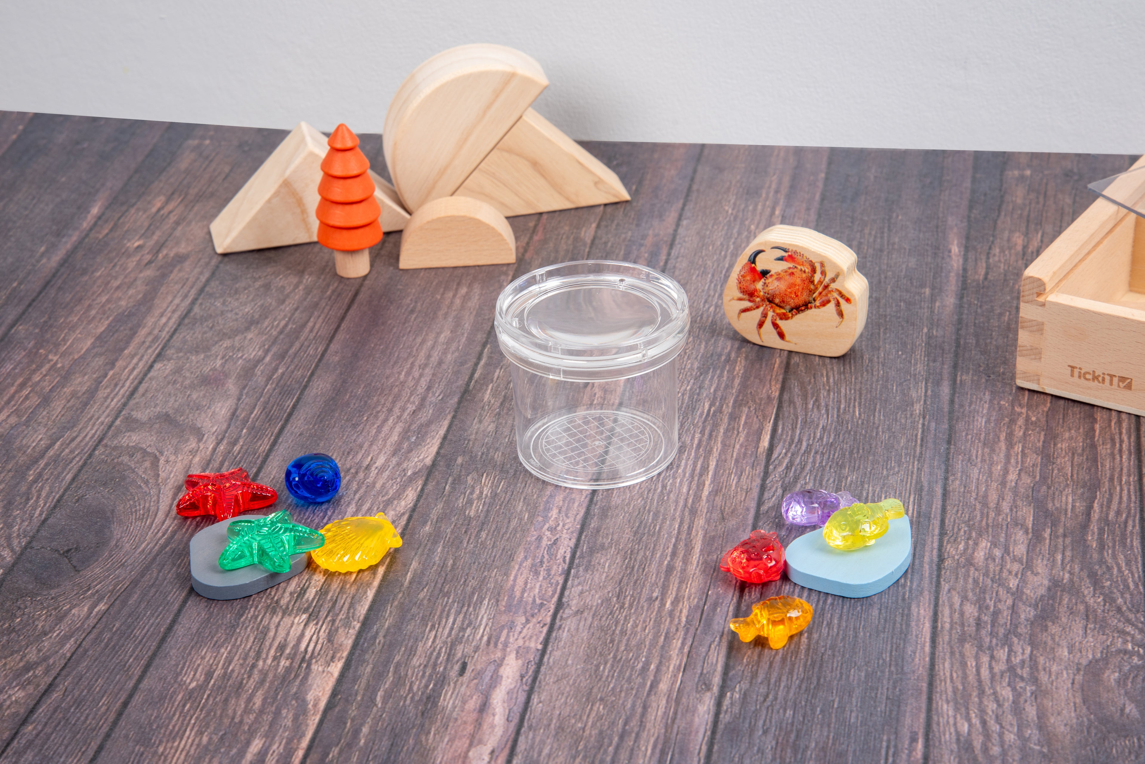 Clear bug viewer among colored plastic bugs and small wooden play pieces