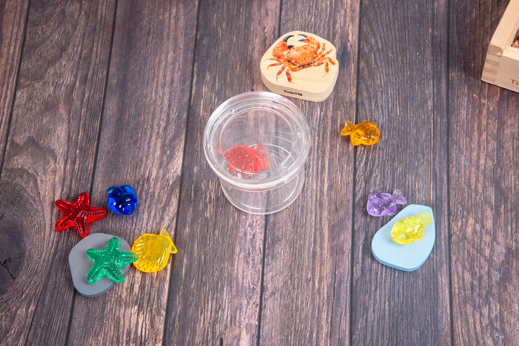 Clear bug viewer with lid near colorful plastic bugs and small round pieces