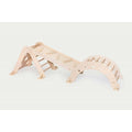 Wooden climbing frame with arch bridge and ladder steps, light natural finish