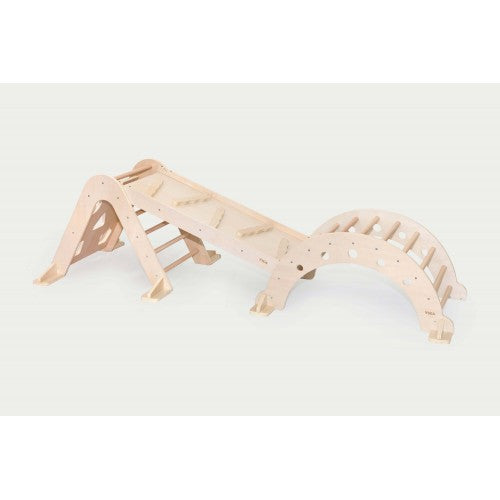 Wooden climbing frame with arch bridge and ladder steps, light natural finish