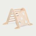 Wooden climbing triangle with ladder steps and large circular/rectangular cutouts