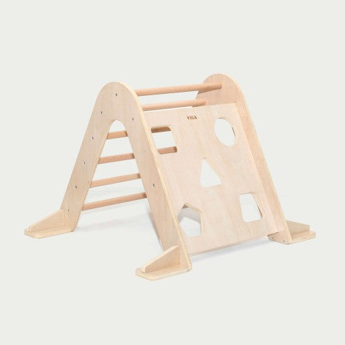 Wooden climbing triangle with ladder steps and large circular/rectangular cutouts