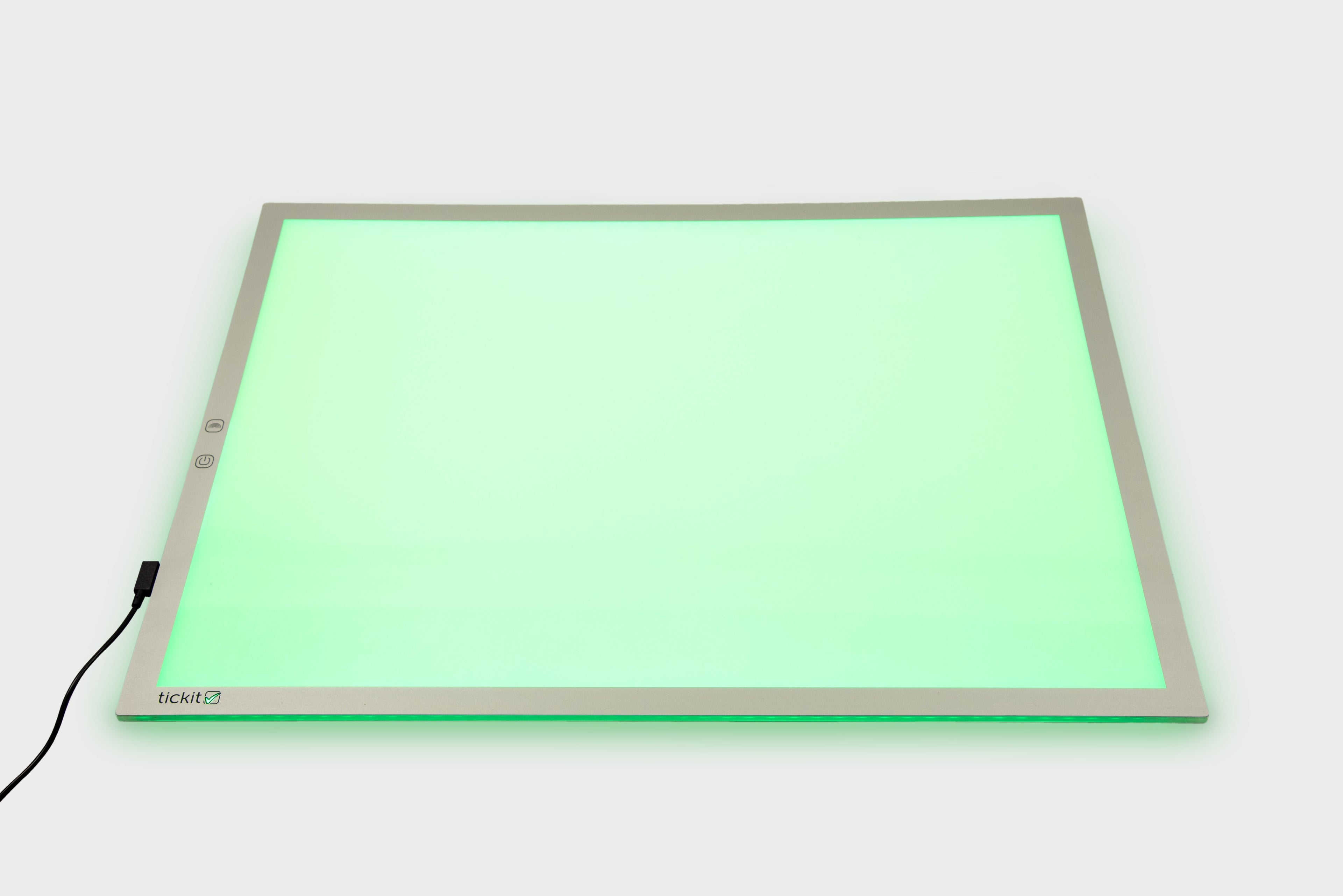 Rectangular color-changing light panel with green glow and slim metal frame