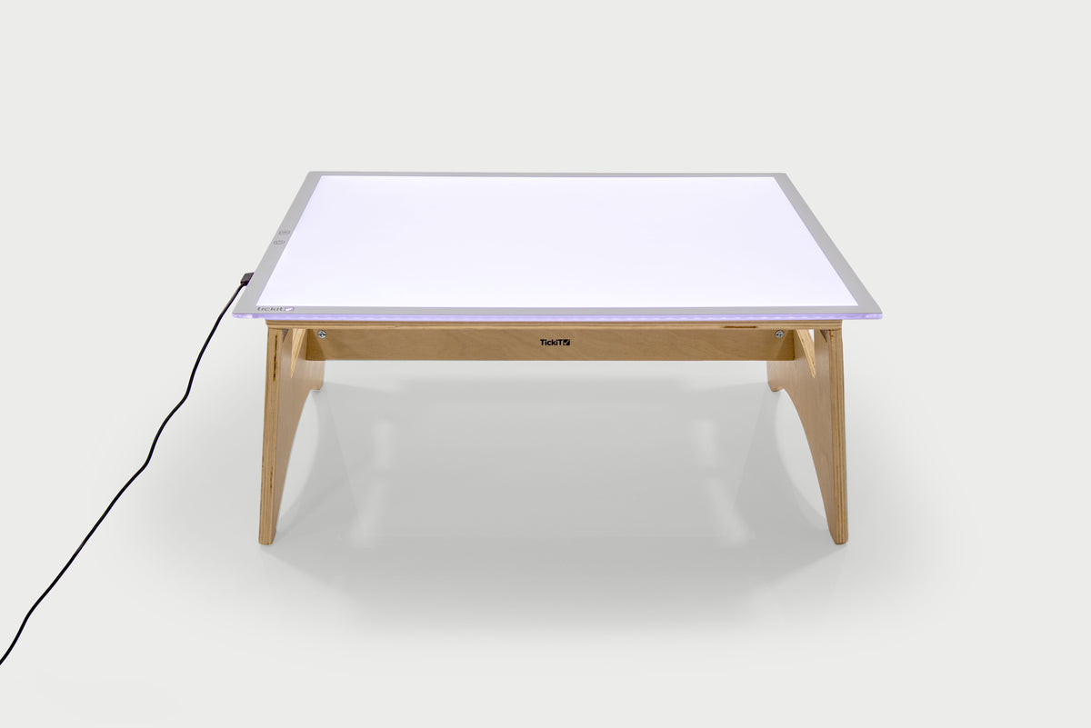 Color-changing light panel table set with white panel and natural wood legs