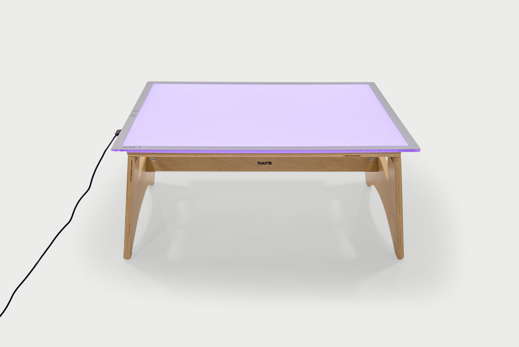 Color-changing light panel table set with purple panel and natural wood frame
