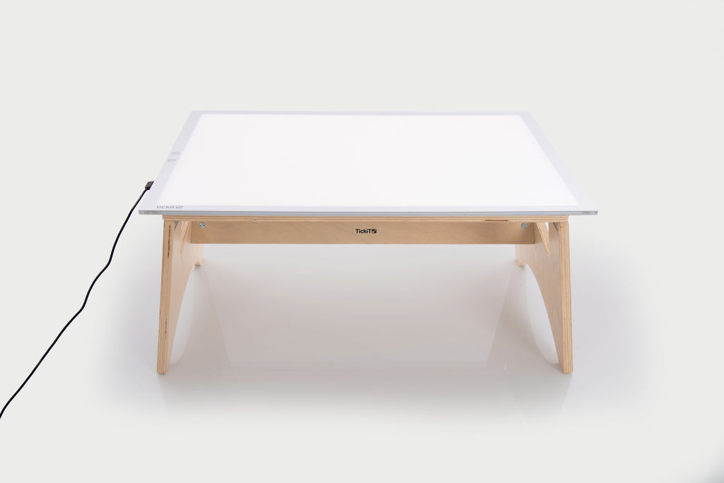Color-changing light panel table set with white panel and natural wood legs