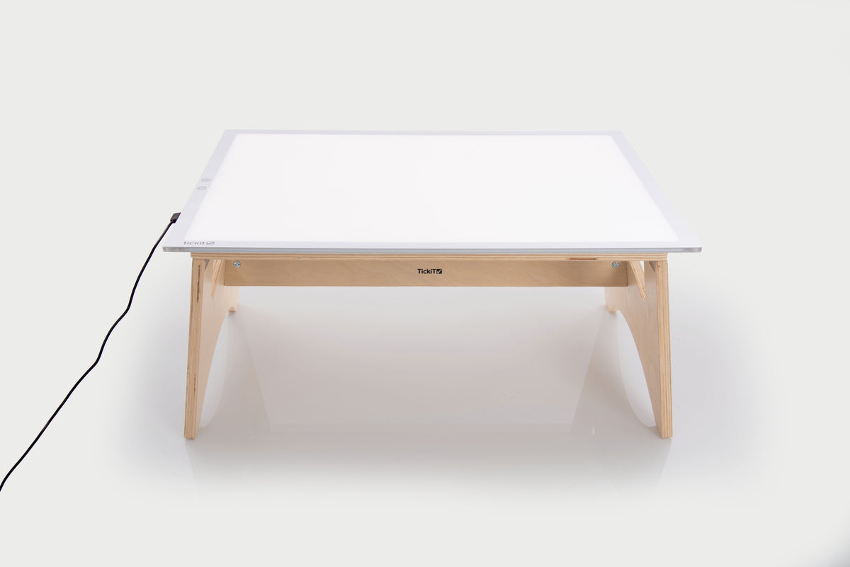 Color-changing light panel table set with white panel and natural wood legs