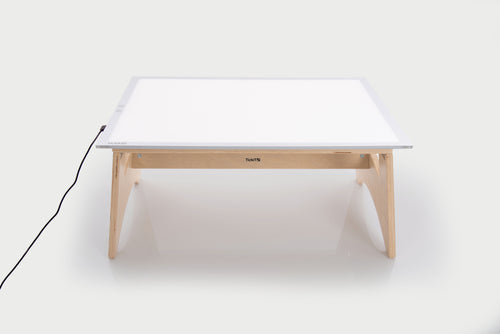 Color-changing light panel table set with white panel and natural wood legs