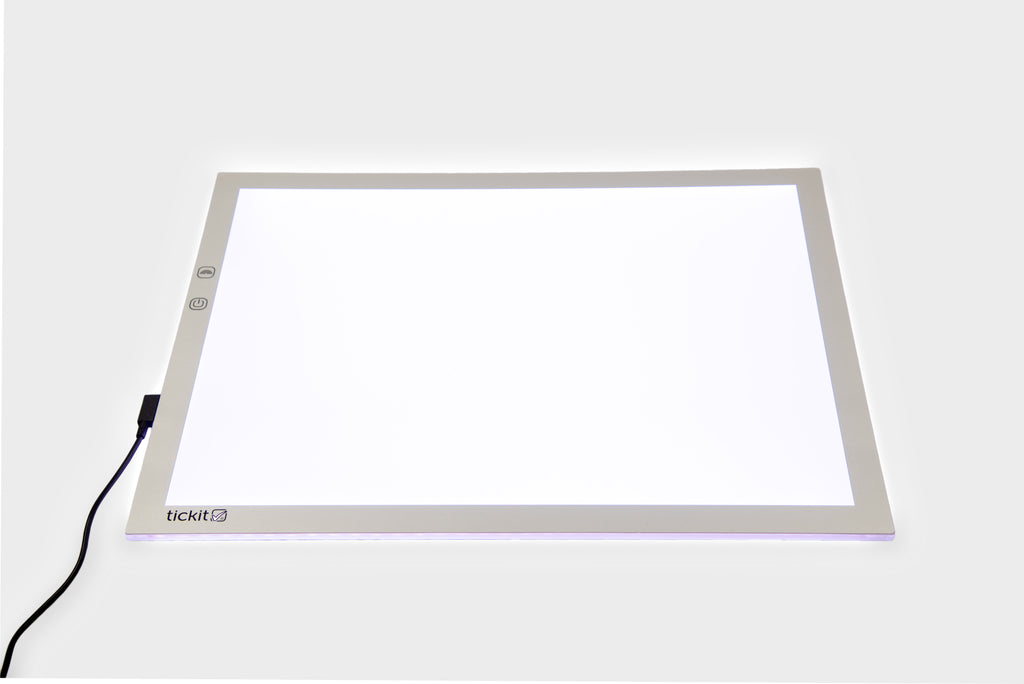 A3 color-changing light panel with black power cable, bright white glow